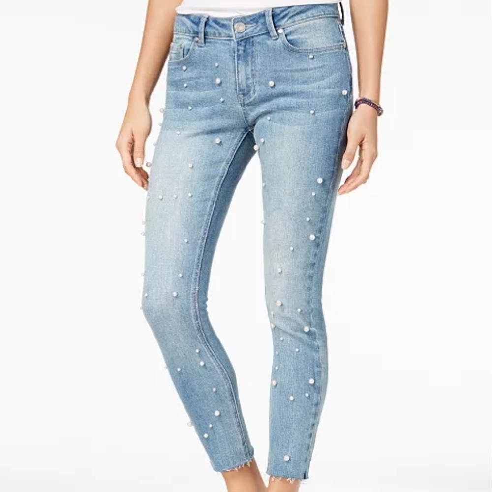 Indigo Rein Light Blue Pearl-Embellished Cropped Skinny Jeans